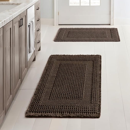 MIULEE Set of 2 Waffle Bathroom Rugs, Boho Bath Rug Super Absorbent, Non Slip Washable Ultra Soft Rubber Backed Shower Bath Mats for Floor, Tub, Shower, Looped Design, Chocolate, 17x24 Inch
