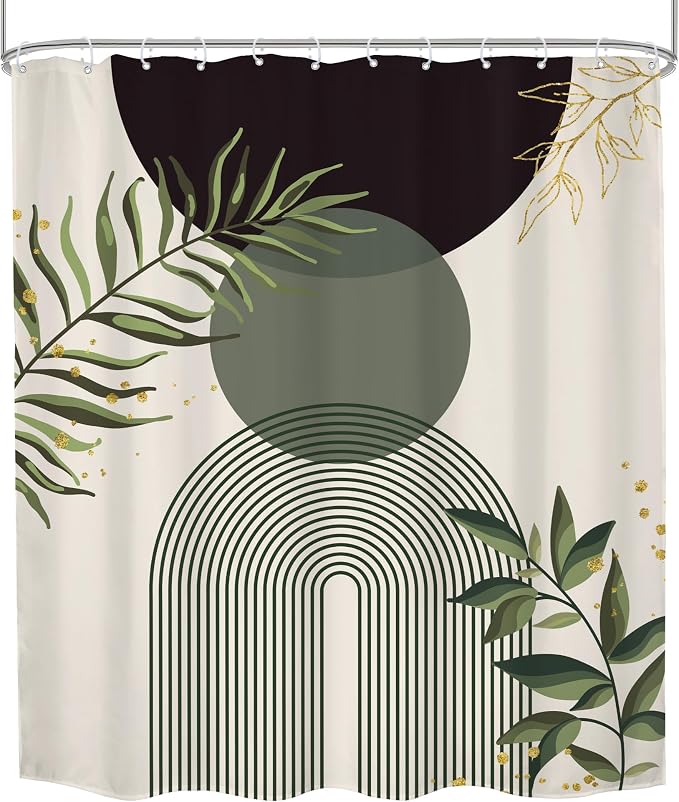 Dark Green Boho Shower Curtain 60Wx72H Teal Green Modern Bohemian Mid Century Abstract Gold Leaves Plant Bathroom Decor Minimalist Geometric Neutral Bath Curtain Fabric Polyester 12 Pack Hooks