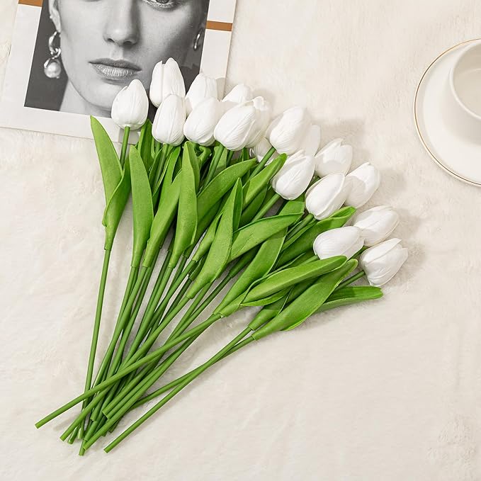 KAOYOO 18PCS Artificial Tulip Flowers Bouquet - Faux Latex Tulips for Home Decor,Office Desk,Kitchen Table,Wedding Centerpiece,Party,Spring Decoration(White,18 Pack)
