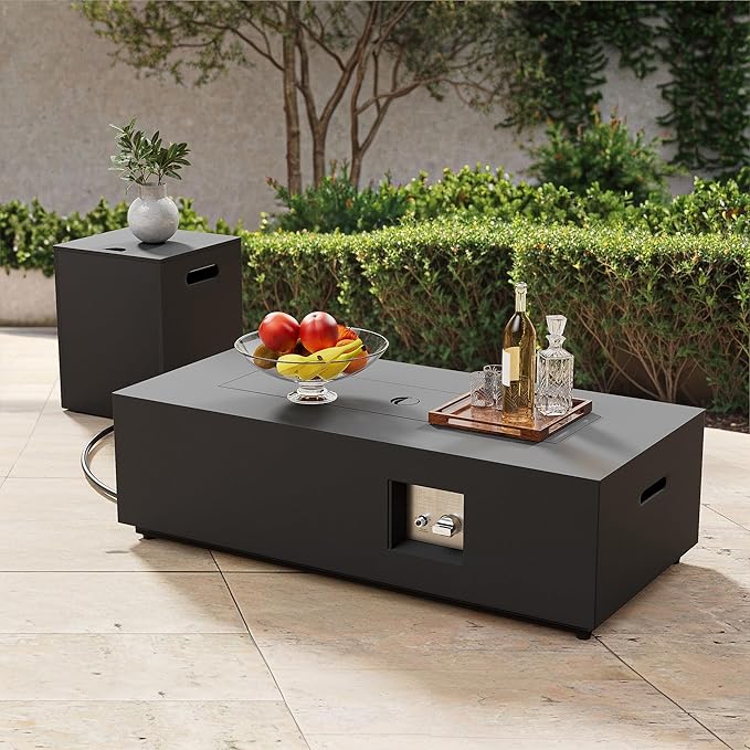 2-Piece 42" Rectangular Propane Fire Pit for Outside Patio with Hidden Tank Table, 50,000 BTU Fireplaces with Glass Wind Guard, Lid, Glass Rocks, Cover(Black)