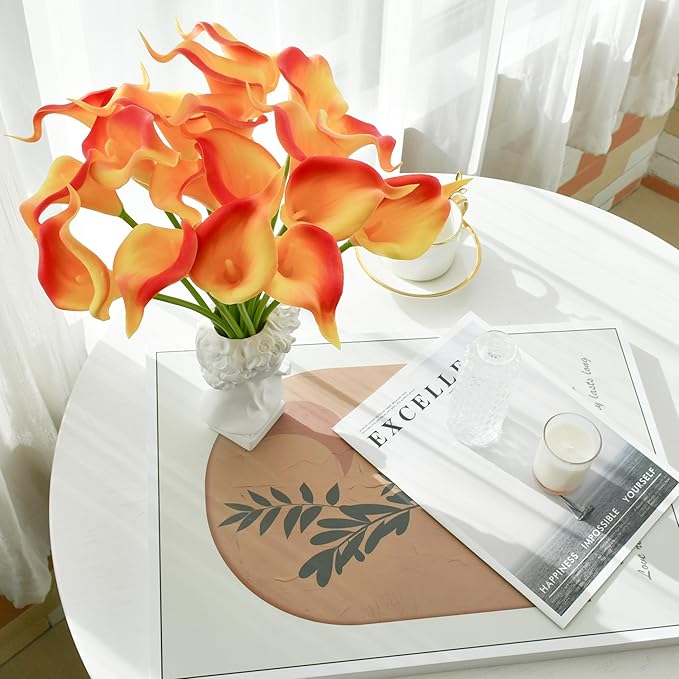 Mandy's PU Sunset Calla Lily Artificial Flowers 20 Stems 13.5in Faux Realistic Centerpiece for Thanksgiving and Christmas Decorations DIY Bridal Bouquet Home Décor