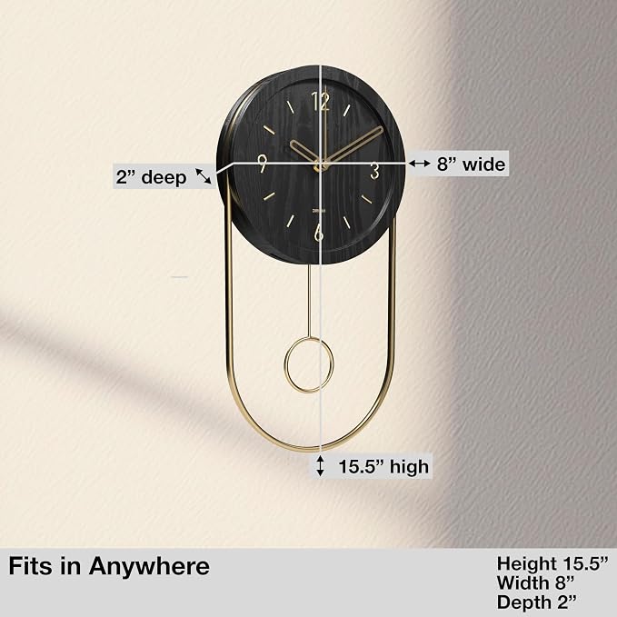 Driini Decorative Wall Clock with Pendulum (Black) – Modern Wood, 3D Gold Numbers, Metal Frame – Small, Unique Wall Clocks for Living Room Decor or Bathroom - Battery Operated, Silent, Non-Ticking