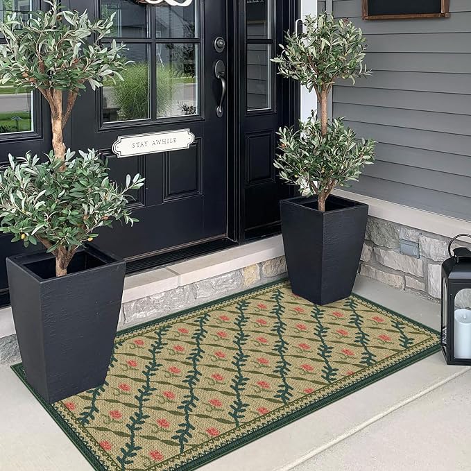 Front Door Mat Indoor Entrance - 2x4.3 Ft Washable Layered Doormat Outdoor Entrance Porch Rug Non-Slip Jute-Look Khaki Farmhouse Trellis Runner Rug for Kitchen Bedroom Laundry Room Porch Decor