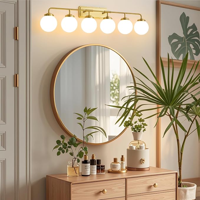 Bathroom Light Fixtures Gold Vanity Lights Over Mirror, Modern Wall Sconce Lighting 6-Light with White Glass Globe Shade