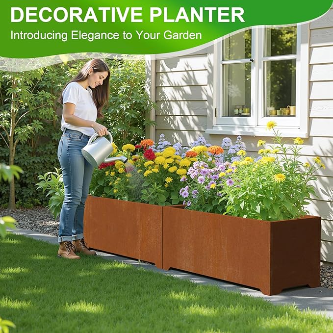 Metal Planter Box, Large Outdoor Rectangle Planters with 6 Drainage Holes & Raised Bottom, Co rten Steel Planter for Patio, Garden, Porch, 36" L x 15" W x 15" H