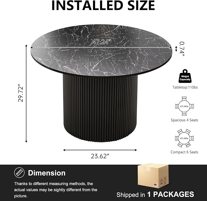 Homedot 47.24" Industrial Kitchen Dining Table Round for 4-6, Rustic Dining Table Circular with Two-Part Tabletop&MDF Pedestal Striped Base,Metal Frame Dinner Meeting Table, Black Marble Grain Look