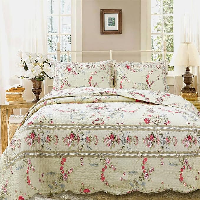 Cozy Line Home Fashions Khaki Cream Yellow Floral Blooming 100% Cotton Reversible Quilt Bedding Set Coverlet Bedspread (Rose Romance, King - 3 Piece)
