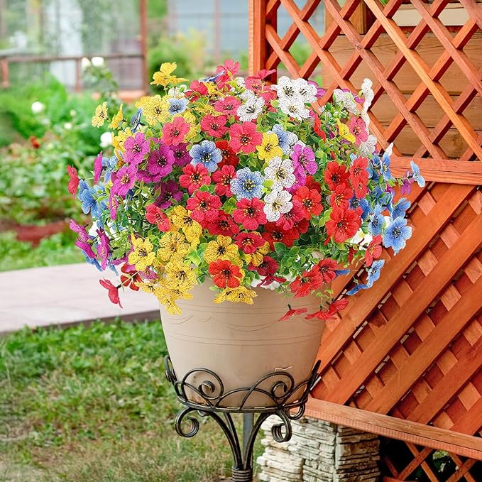 Artificial Spring Flowers Outdoor Faux Plants UV Resistant Fake Patio Flowers Plastic Greenery Plnats Outside Bulk for Spring Garden Hanging Planter Home Vase Decor, 12 Bundles (Multicolor)
