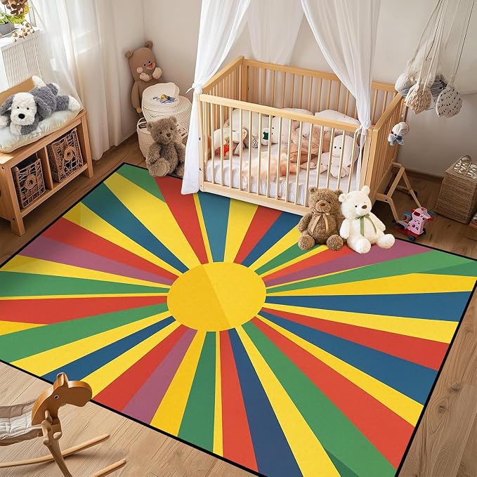 Rainbow Sunburst Area Rug Colorful Geometric Sun Carpet Soft Non-Slip Washable Floor Mat for Entryway Bedroom Living Room Nursery Playroom Classroom Home Decor,3'x5'