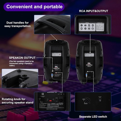 Proreck Dance 15 Portable PA Speaker System - 2000W 15-Inch Bluetooth & USB with Remote Control & LED Light