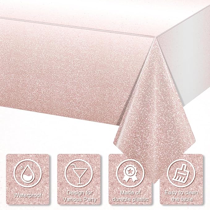 6 Pack Ombre Rose Gold Plastic Tablecloth for Parties, Gradient Pastel Rose Gold Disposable Tablecloths for Rectangle Tables, Light Pink Sprinkle Table Cover for Wedding Birthday Party, 54 x 108 Inch
