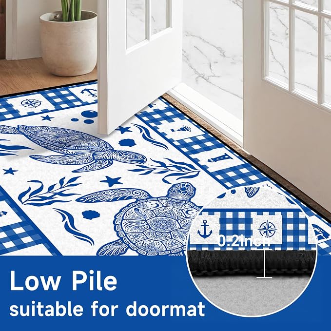 Sea Turtle Rug Coastal Ocean Print Floor Mat Blue and White Plaid Area Rug for Bedroom Living Room Nursery Kitchen Playroom Home Decor Non-Slip Washable Carpet,5'x7'