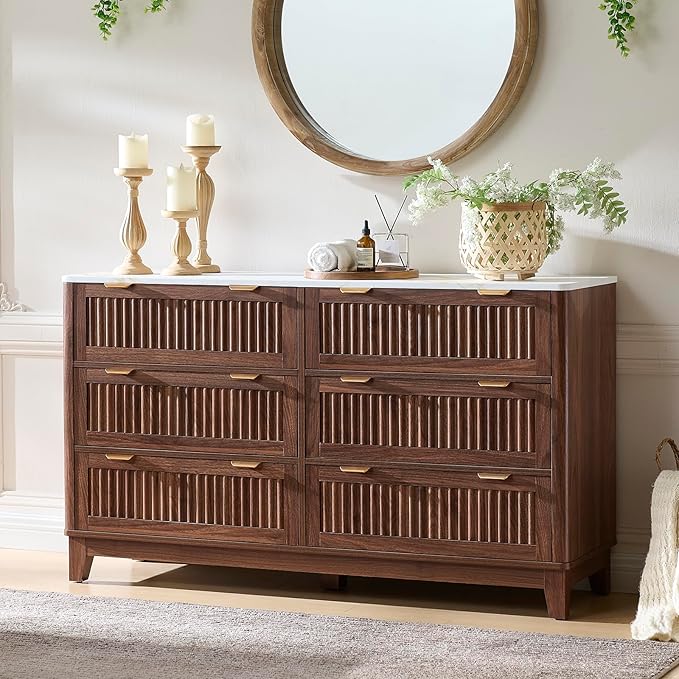 Fluted 6 Drawers Dresser for Bedroom - 54" Large Storage Dresser, Farmhouse Dressers with Faux Marble Top, Modern TV Stand & Chests of Drawers for Living Room Entryway,Walnut