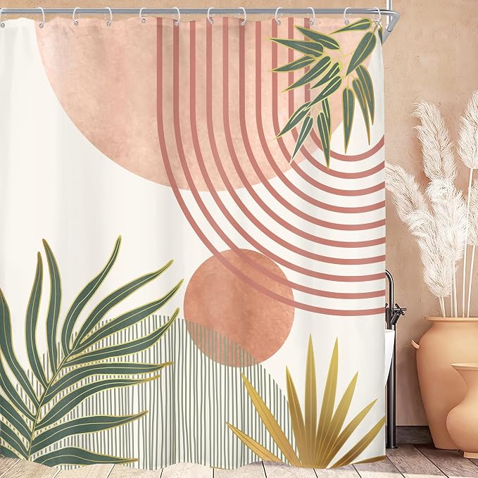 KOMLLEX Mid Century Pink Green Boho Shower Curtain for Bathroom Decor 72Wx78H Inches Abstract Modern Orange Gold Botanical Minimalist Arch Sun Fabric Waterproof Polyester 12 Pack Hooks Pack Hooks