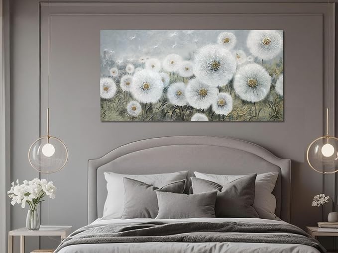 Ardemy Flower Wall Art Canvas Dandelion Painting White Floral Picture, Textured Large Framed for Living Room Bedroom Kitchen Dining Room Bathroom Home Office Decor 40"x20"
