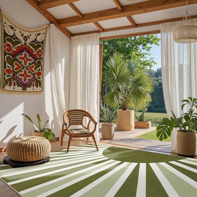 Lahome Washable 8x10 Rug - Non-Slip Living Room Rugs 8x10 Ultra-Thin Large Soft Bedroom Rugs, Boho Rainbow Sun Print Indoor Stain Resistant Floor Rug for Dining Room Table Office (8'x10', Green)