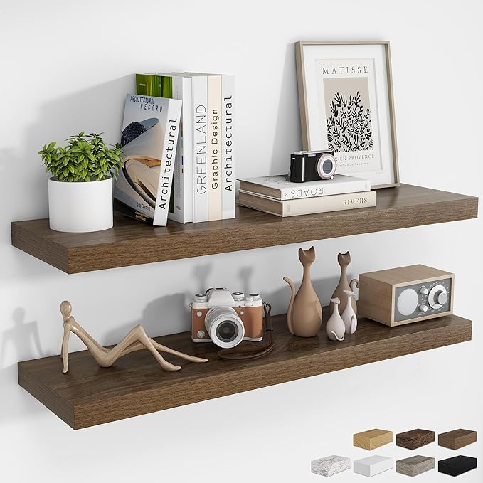 RICHFOCUS 40Inch Floating Shelves for Wall 2 Pack Shelves for Bedroom|Kitchen|Bathroom Wall Mounted Rustic Wood Floating Shelf with Invisible Brackets for Books|Storage|Decor, Walnut