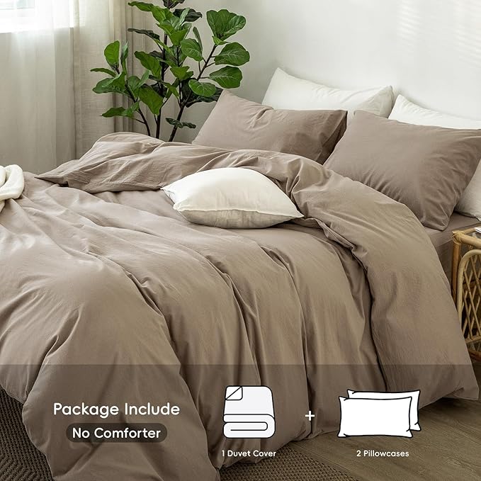 MooMee Bedding Duvet Cover Set 100% Washed Cotton Linen Like Textured Breathable Durable Soft Comfy (Solid Mocha Brown, Full 80"x90")