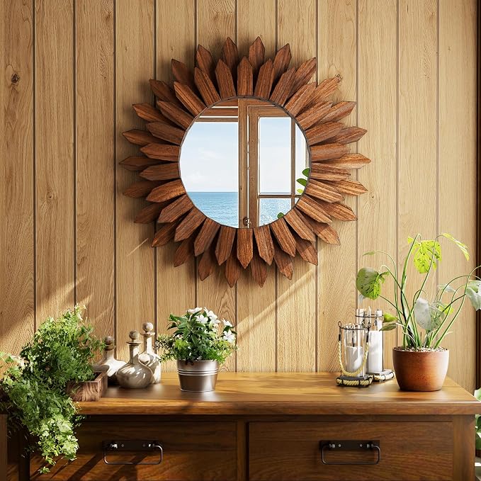 Boho Wood Sunburst Round Wall Mirror, 20 Inch Rustic Circle Wooden Frame Decorative Mirror for Farmhouse Coastal Home, Home Wall Decor for Living Room Entryway Bedroom, Walnut
