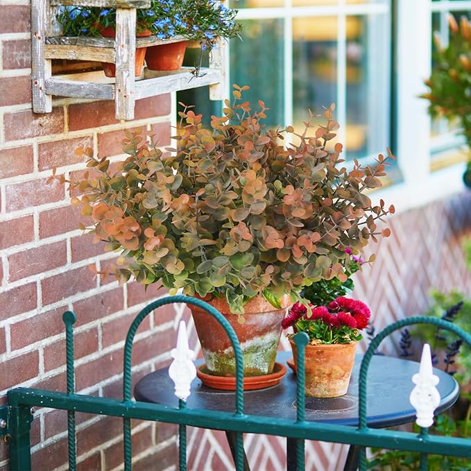 RECUTMS 8 Bundles Artificial Greenery Plants Stems Outdoor Fake Eucalyptus Plants Boxwood Bushes for Farmhouse Bathroom Office Vase Centerpiece Indoor Outdoor Decoration(Dusty Orange)