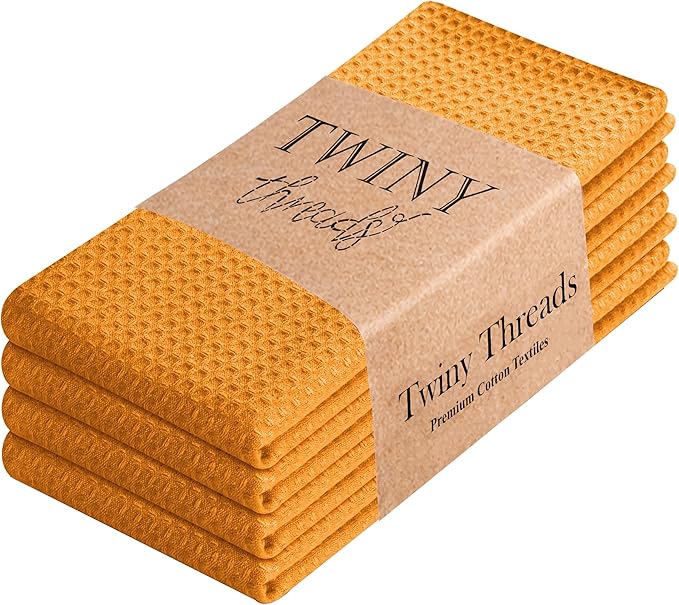 TWINY threads Kitchen Towels Set of 4, 100% Soft Cotton Waffle Weave Dish Towels with Hanging Loop, Reusable for Table Cleaning, Dinning, Parties - 16"x26" - Mustard Yellow