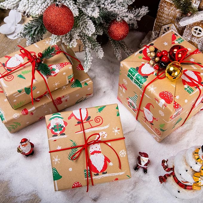 Yarcony Kraft Christmas Wrapping Paper Roll, Gnome Christmas Gift Wrapping Paper, Recycled Retro Festive Woodland Gnome Mushroom Gift Wrap Present Paper for Winter Holiday, Crafts (17 Inch X 33 Feet)