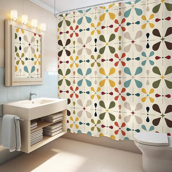 Boho Mid Century Shower Curtain Bathroom Set 71Wx71H Inches Modern Abstract Bohemian Vintage Colourful Geometric Retro Bath Accessories Water Drop Art Home Decor Fabric 12 Pack Hooks