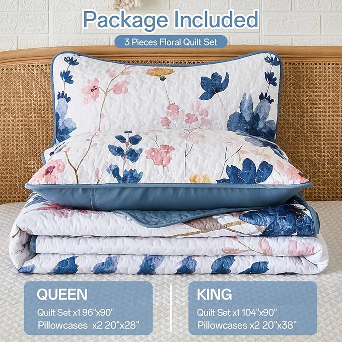 Anibedding Queen Quilt Set, Dark Blue Floral Bedspread Soft Microfiber Lightweight Queen Size Quilt Bedding Sets Flower Coverlet for All Season(Queen, 96"x90")