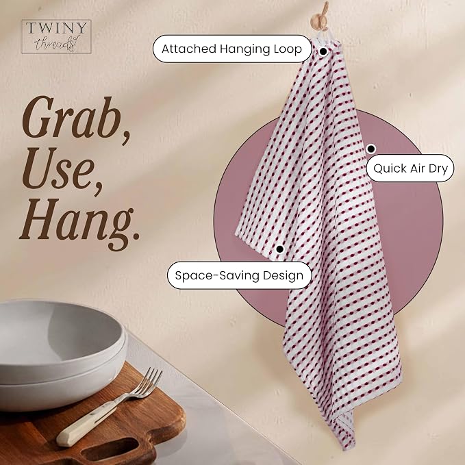 TWINY threads Waffle Weave Dish Towels Set of 4, Premium Cotton 16x26 Kitchen Hand Towel, Super Absorbent, Durable & Reusable Tea Towels for Home, Restaurants & Cafes, Burgundy Wine, White