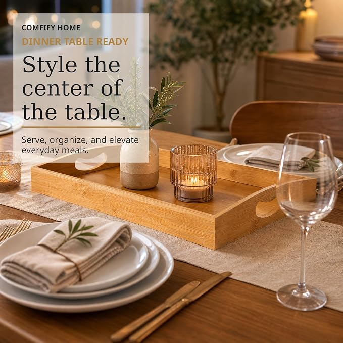 Comfify Bamboo Serving Trays – Set of 3 Ottoman Trays for Food, Entertaining, and Decor – Minimalist Design