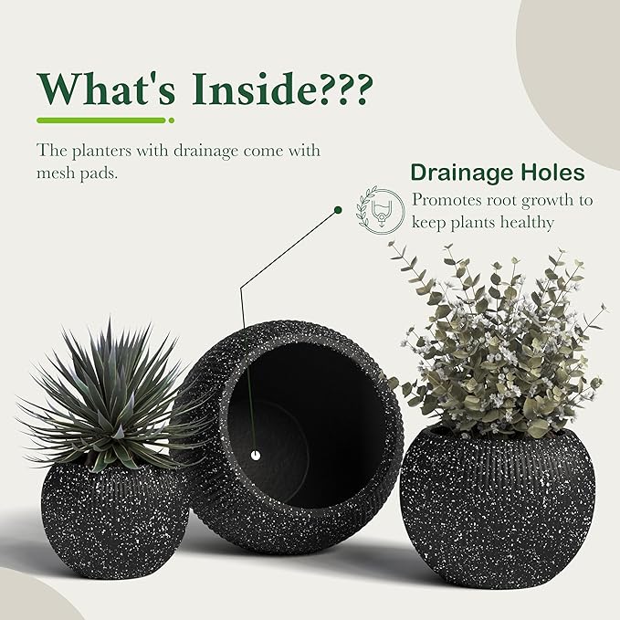 DTY Signature Mount Sherman Modern Indoor Outdoor Fiberstone Sphere Planter, Durable Round Garden Pot, Weather Resistant, Drainage Hole & Rubber Plug,Planter for Christmas Tree (Ribbed Black, Large)