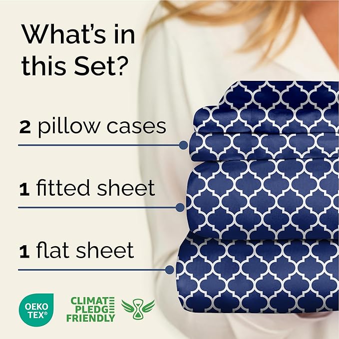 Blue Geometric Bed Sheets - 1 Flat & 1 Fitted Sheet & 2 Pillowcases w/ Deep Pockets – Wrinkle & Fade Free- Ultra-Soft, Breathable and Cooling - Luxury Moroccan Bed Set – King Size - Navy Quatrefoil