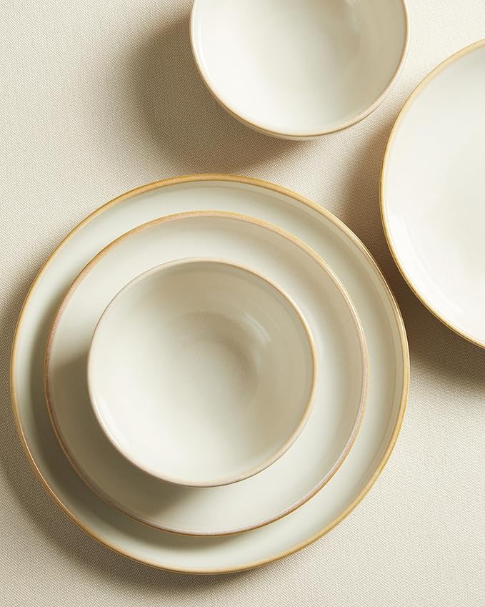 Pokini 32 Piece Double Bowl Dinnerware Sets with Pasta Bowls, Highly Chip and Crack Resistant Plates and Bowls Sets, Natural Earthyware Ceramic Dishware Sets, Service for 8 Yellow White