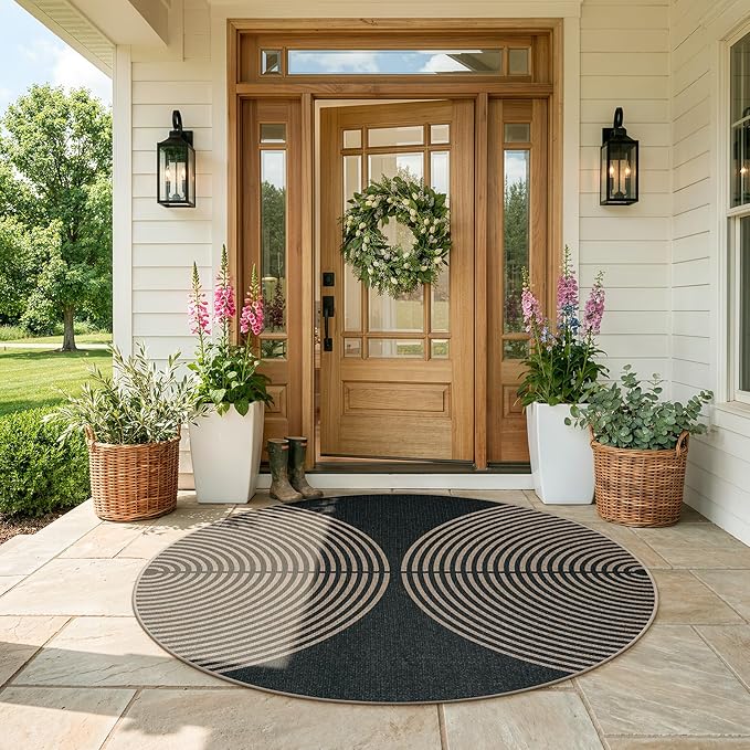 Lahome Enfys Modern Rainbow Round Rug, 6ft Easy Jute Circle Patio Rug Washable Indoor Outdoor Carpet for Living Room, Farmhouse Natural Contemporary Round Mat for Entryway Backyard Porch