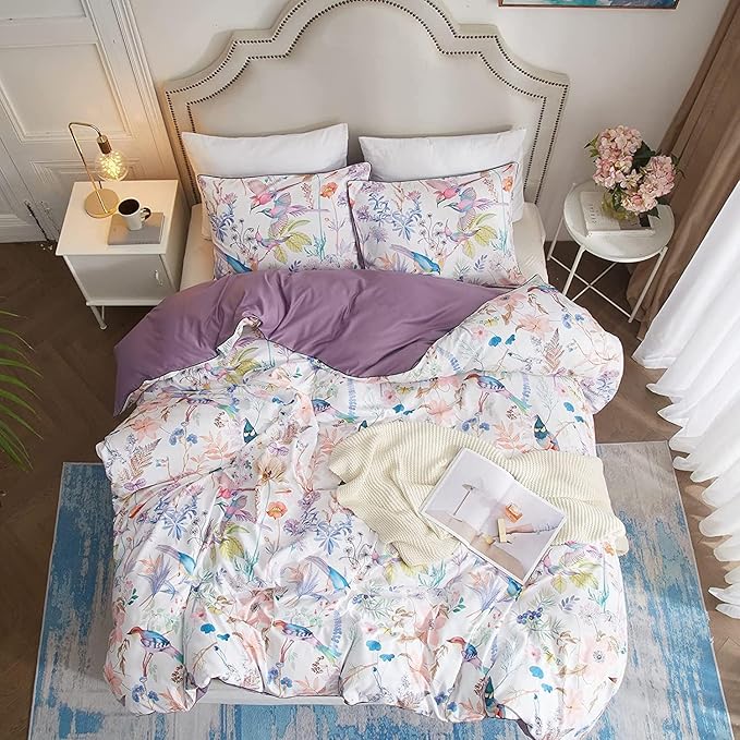VM VOUGEMARKET Bird Flower Comforter Set Full Vintage Purple Flower Botanical Comforter,Fresh Garden Style Comforter with 2 Pillow Shams for Teen Girls(3pcs,Full)