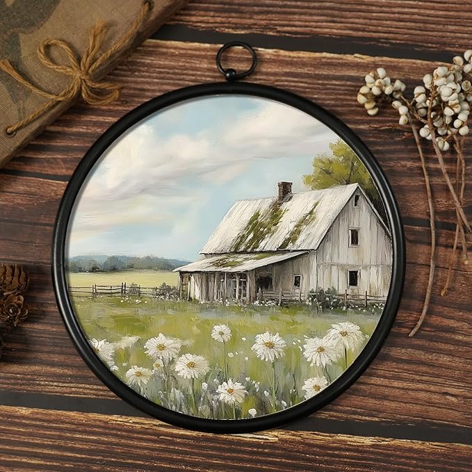 XIAOAIKA Round Vintage Wall Hanging Decor, Printed Textured Surface with Wood Back, Cottage Design, Black Metal Frame, Ready to Hang for Living Room Bedroom, 10 Inch