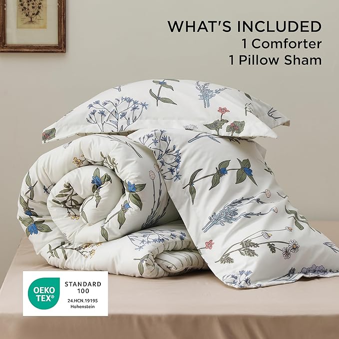 Bedsure Twin/Twin XL Comforter Set - Twin Extra Long Comforter Set, Cute Floral Dorm Bedding, 2 Pieces, 1 Soft Reversible Coconut White Botanical Flowers Comforter and 1 Pillow Sham