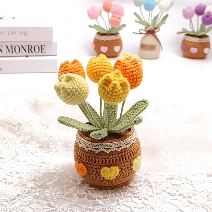 Handmade Tulips, Hand-Woven Flowers, Crocheted Tulips, Artificial FlowersTulipsBirthday Gifts for Family and Girlfriends, Home Office Decoration, Graduation Anniversary (6 Flowers-Yellow)