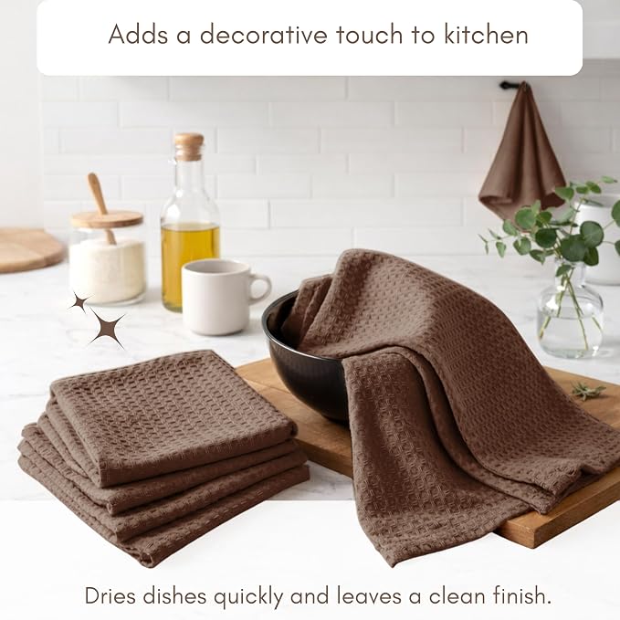TWINY threads Dish Towel Waffle Texture, Pack of 4, 16x26 Inches, Large 100% Cotton Kitchen Linen Set, Absorbent Cloths for Drying Dishes and Cookware, Quick Drying, Machine Washable, Brown