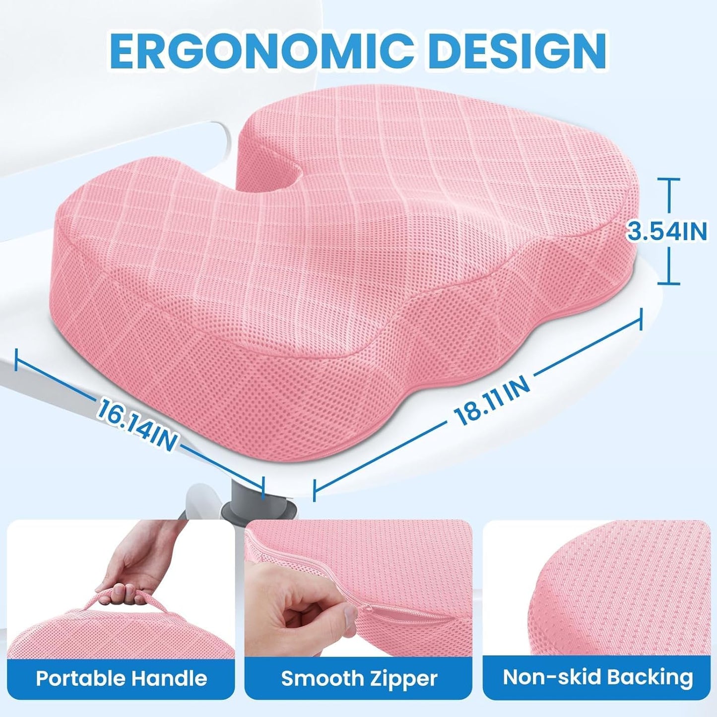 TushGuard Memory Foam Seat Cushion - Non-Slip Tailbone Pain Relief Pad for Office & Car | Pink, X-Large