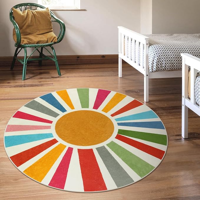 STARUIA Boho Washable Rug 5 Ft Round Area Rug for Bedroom, Rainbow Circle Kids Rugs for Office, Non-Slip Circluar Carpet Soft Sunshine Rugs for Dorm Nursery Sofa Living Room Corner