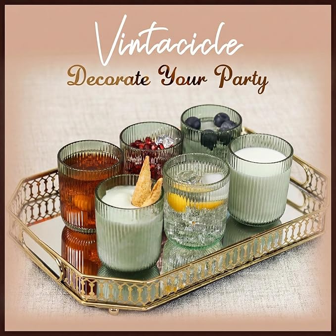Green Ribbed Highball Glasses Set of 6, 8.5oz Sage Green Vintage Glassware, Drinking Glasses for Water, Juice, Coffee, Cocktails, Green Glass Cups, Housewarming & Christmas Gift