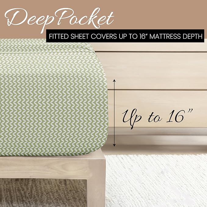 Linen Market 4 Piece King Sheet Set - Breathable, Double-Brushed Patterned Cooling Sheets – Oeko-TEX Certified Ultra Soft & Wrinkle-Free 16" Deep-Pocket King Sheets - Easy Care Puffed Chevron Sage