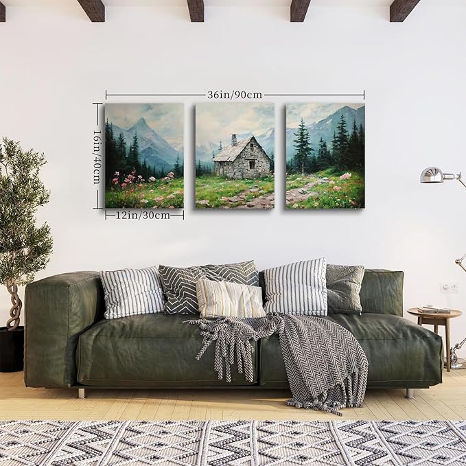 SERIMINO Nature Landscape Canvas Wall Art for Living Room, Forest Mountain Canvas Prints Paintings Room Decor, Cottage Meadow Wildflower Modern Farmhouse Wall Decor Set of 3, 12"X16"