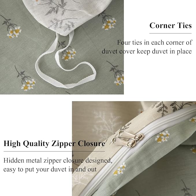 EAVD Boho Floral Duvet Cover Queen Soft 100% Cotton Garden Green Floral Bedding Set for Girls Women with 2 Pilowcases Reversible Floral Botanical Duvet Cover with Zipper Closure