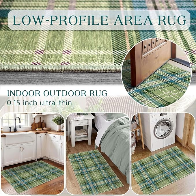 Front Door Mat Outside Entrance - 2x3 Buffalo Non-Slip Washable Doormat Indoor Outdoor Entrance Green Teal Plaid Tartan Rug Small Throw Rugs for Entryway Bedroom Kitchen Front Porch Decor