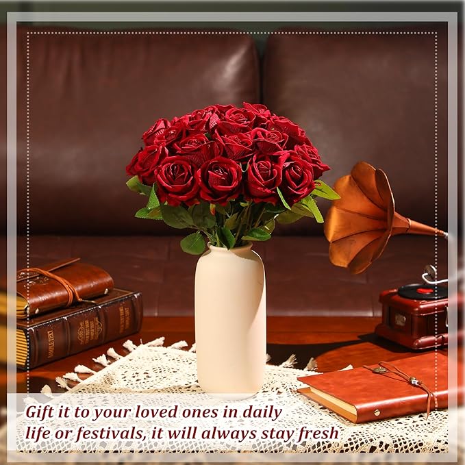 Jexine 50 Pcs Artificial Rose Flower Bulk Realistic Silk Fake Roses with Long Stem Plastic Artificial Flower Bouquet Real Looking for Home Wedding Centerpieces Party Decoration(Burgundy)