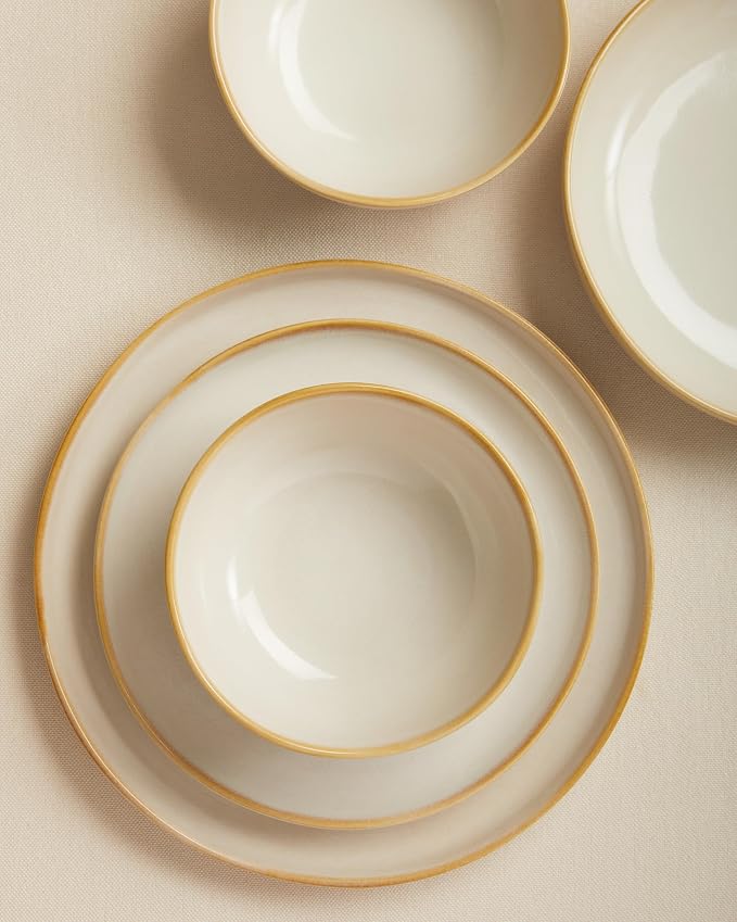 Pokini Ceramic Plates and Bowls Set, Everyday Dinnerware Set for 4, Wavy Rim Kitchen Dish Set, Chip Resistant Dishware Sets, Dishwasher Safe Dinner Set, Designed for Simple Meals, Yellow White