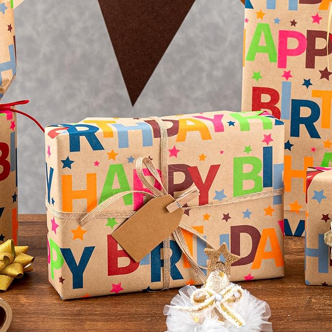 MAYPLUSS Happy Birthday Wrapping Paper Roll, Colorful Kraft Birthday Gift Wrap for Boys Girls Men Women 17 IN x 16.5 FT