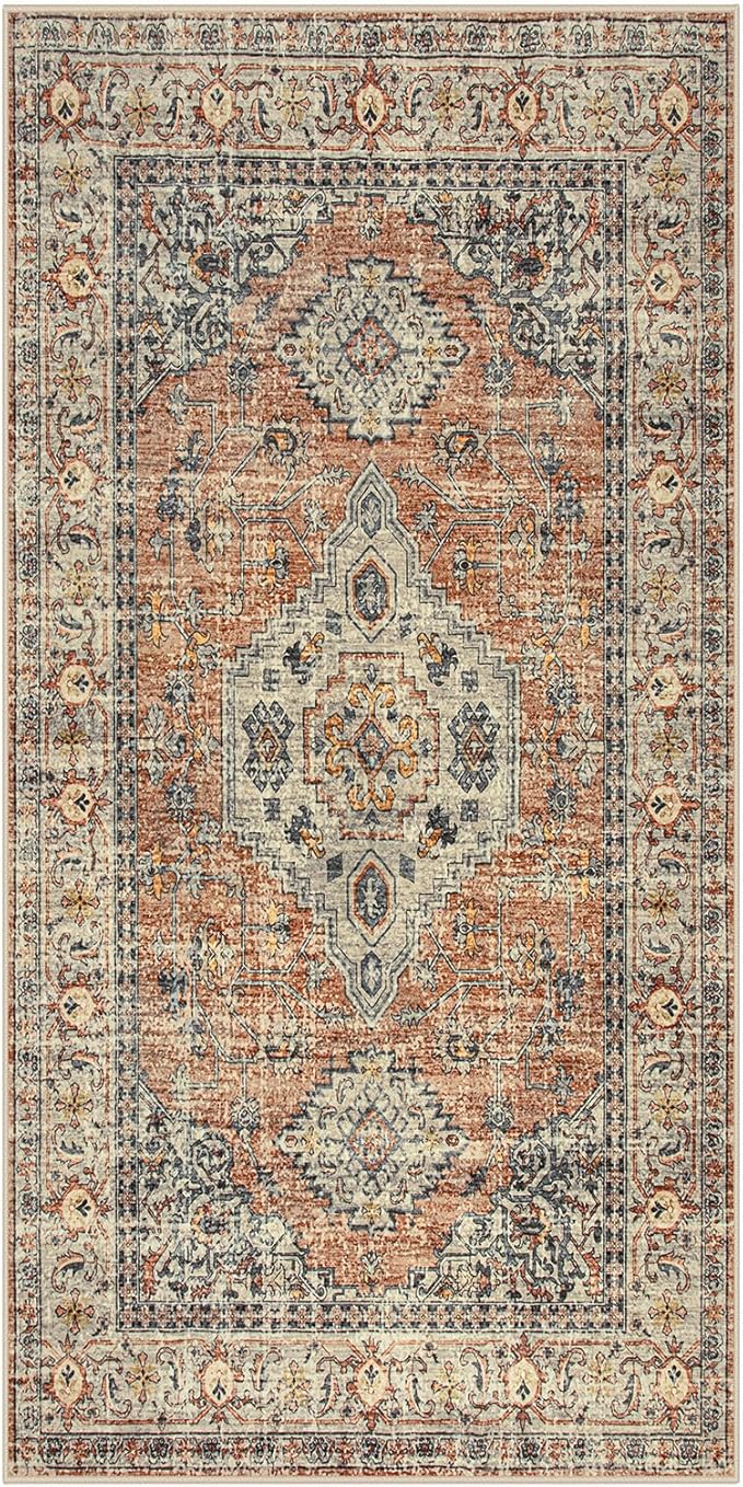 Lahome Oriental Small Area Rug, 2x4 Soft Washable Rugs for Entryway Kitchen, Non-Slip Ultra-Thin Fall Indoor Door Mat Distressed Vintage Small Carpet for Bathroom Bedroom, Peach/Orange